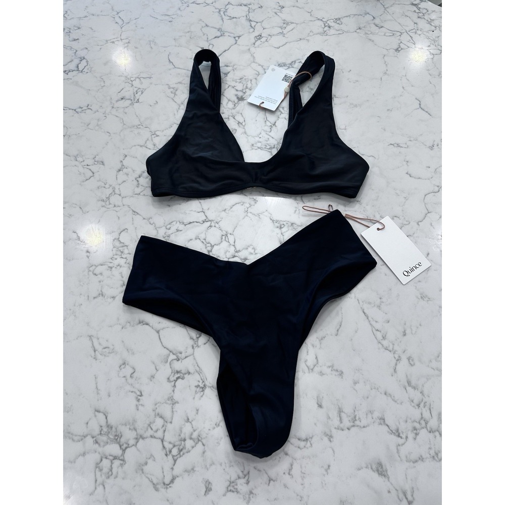 NWT Quince Black Italian Plunge Bikini Top & V Cut Bottom Set Size Small